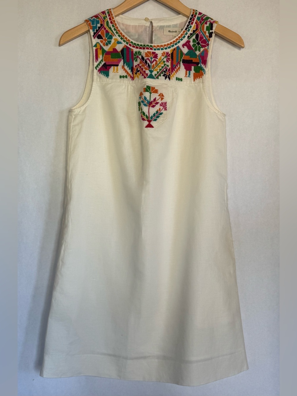 Madewell Cream Sleeveless linen / cotton loopEmbroidered dress with Multicolor